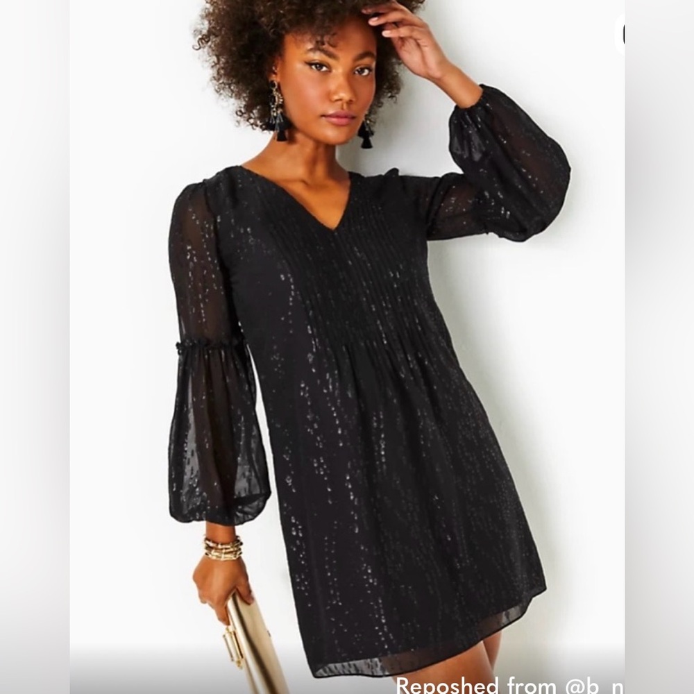 Lilly Pulitzer Black Silk Long-Sleeve V-Neck Dress Clem sz 6 NWT